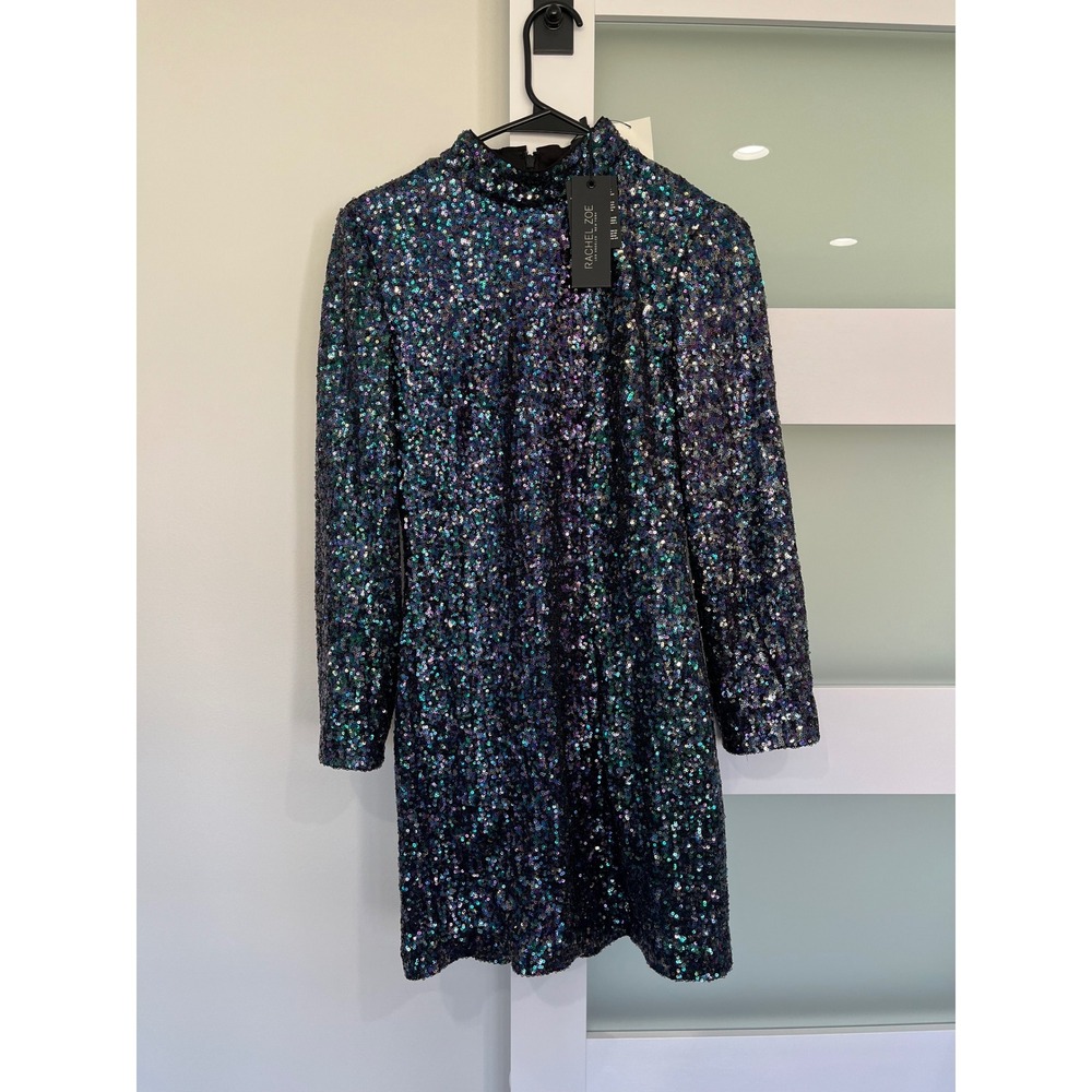 New w tags Rachel Zoe Purple Teal Sequin Mock Neck Long Sleeve Mini Dress Size 2